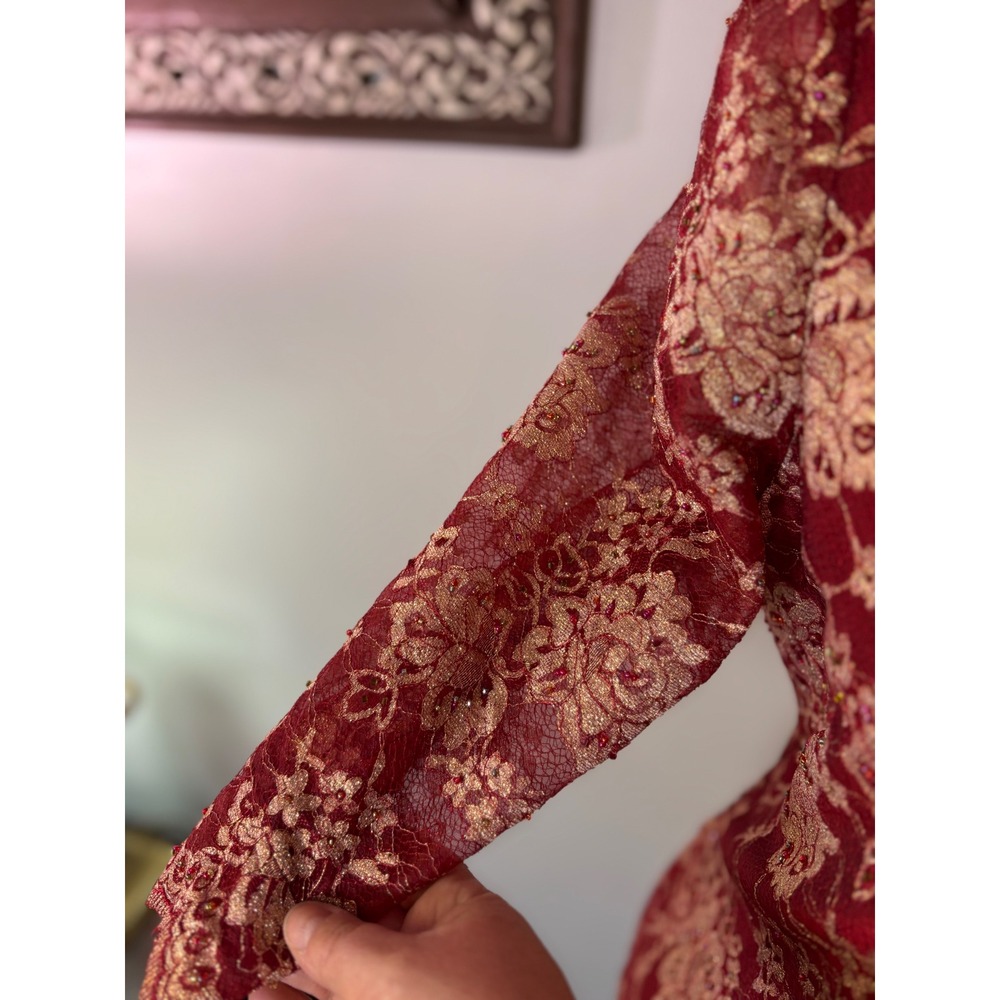 Red Gold Floral Lace Cheongsam Dress Mandarin Collar Style Evening SZ 6/8 - Picture 13 of 15